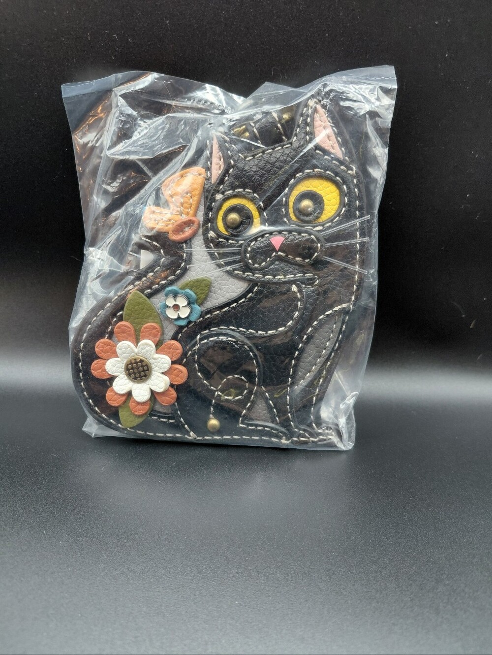 Chala Black Cat Leather Bag Charm Key Chain with Yellow Eyes and Pink Nose - Picture 2 of 3